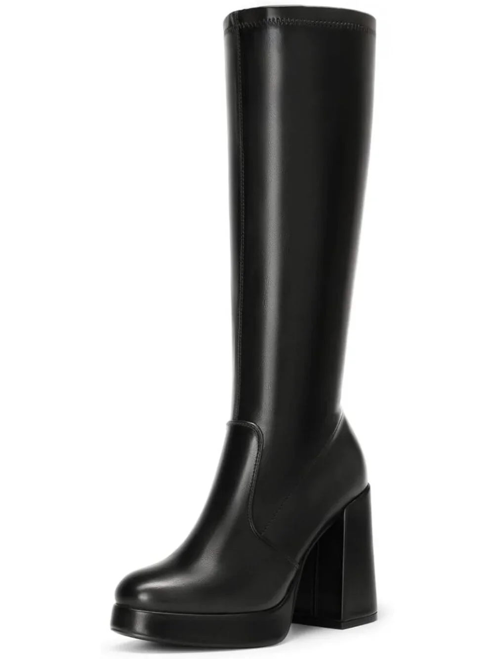 Women's Black Pu Chunky Platform Heel Round Toe Side Zipper Knee High Boots
